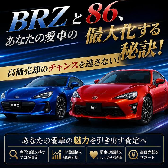 「BRZと86、あなたの愛車の価値を最大化する秘訣！」「高価売却のチャンスを逃さない！」「あなたの愛車の魅力を引き出す査定へ」